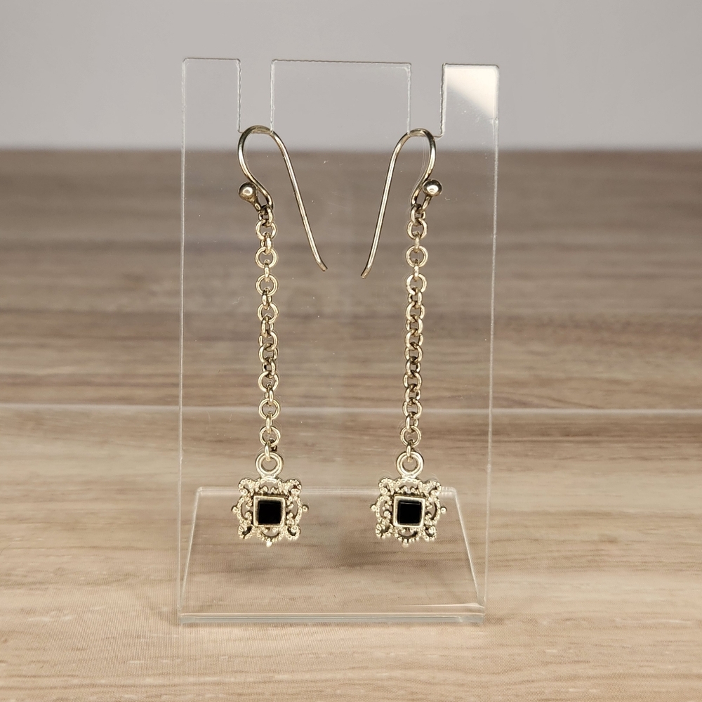 RARE Victorian Sterling Silver Square With Onyx Stone Rolo Chain Drop Earrings